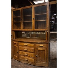 Antique Oak Cabinet – Glass Display Hutch w/ Mirror Back & Storage Base