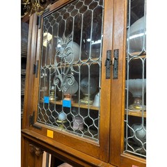 Massive Antique Oak Built-In Cabinet with Leaded Glass Doors