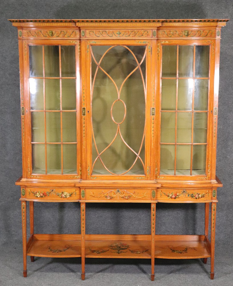Fine Satinwood Paint Decorated English Adams Vitrine China Cabinet Circa 1900