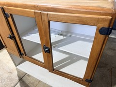 Antique Hoosier Cabinet Wood Metal Interior Drawer Glass Doors Meat Grinder