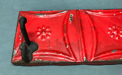 Vintage Decorative Salvaged Red 23″ Tin Ceiling Metal 3 Hook Rack Old 148-25B