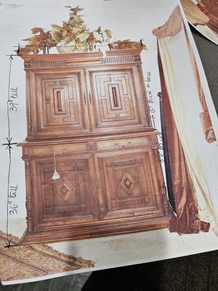 Antique French Sideboard 2 piece, Two Door Molded Decoration, Walnut Turned