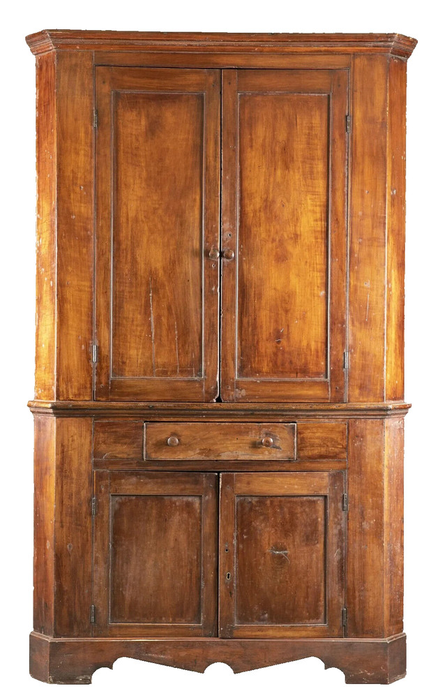 Antique Cabinet, Corner, American, Federal, Mahogany, Shelves, Drawer,E. 1800s