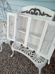 Vintg White Wood Medicine Wall Cabinet Hammered Decorative Tin Doors Oversized