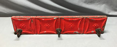 Vintage Decorative Salvaged Red 23″ Tin Ceiling Metal 3 Hook Rack Old 148-25B