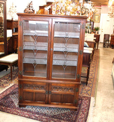 English Antique Oak Display Cabinet | Leaded Glass With Light