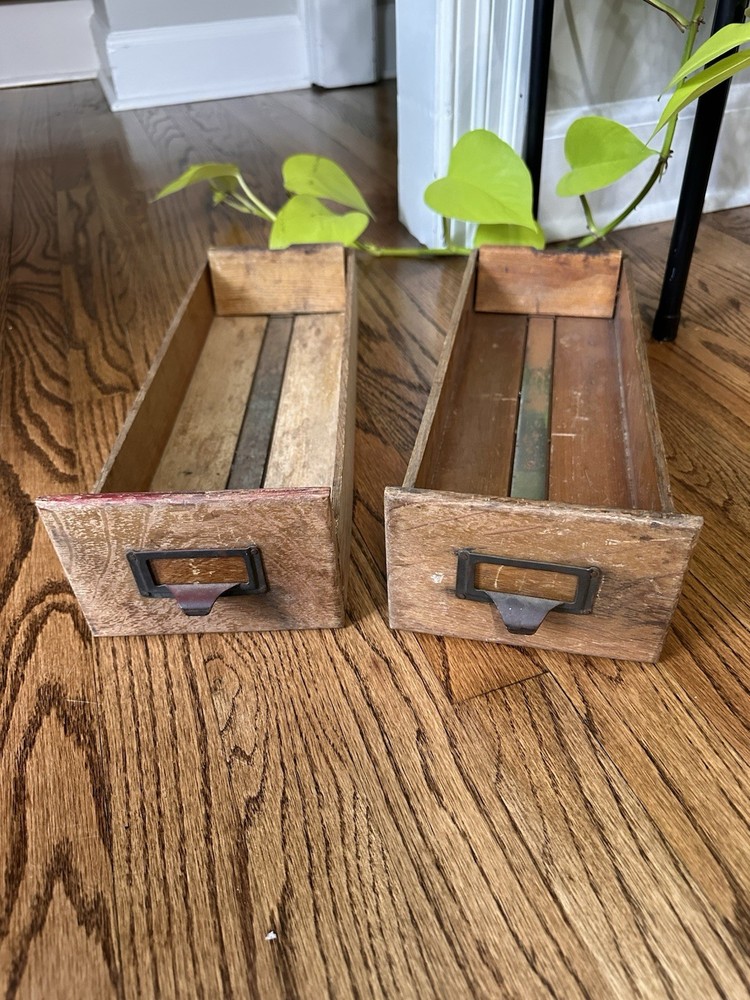 Vintage Wood Library Card Drawers With Metal Label Holder Set Of 2