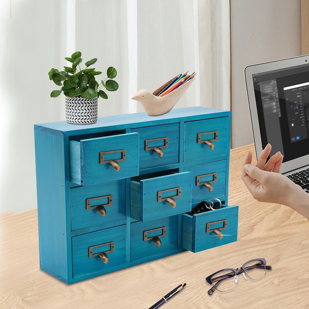 Desk Drawer Organizer Wooden Rustic Cabinet with 9 Drawers Blue