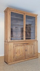 Grand Antique English Pine Display Cabinet Glass Doors Farmhouse Cupboard Hutch