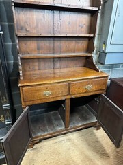 antique Georgian chippendale oak pewter cupboard cabinet 2pc fluted