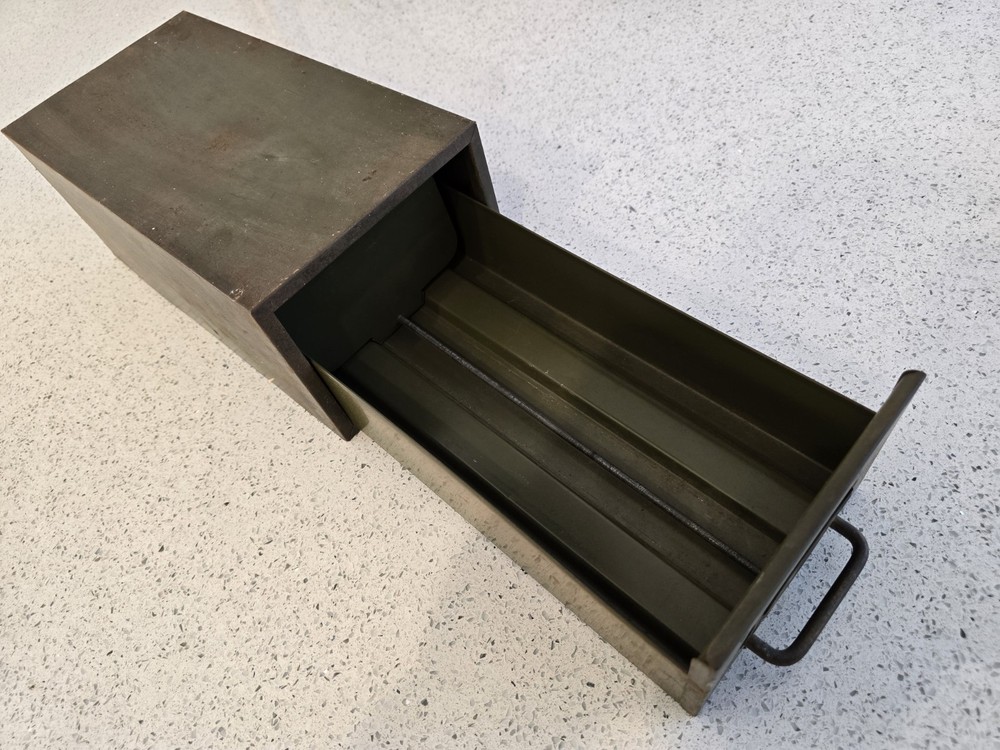 Vintage Metal Filing Index Card Sliding Drawer Aged Metal Decor 12″