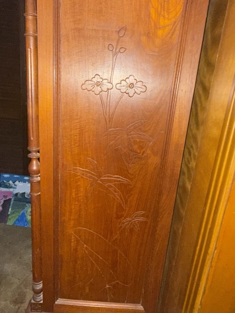 Antique Carved Wood Display Cabinet Glass Door Key Floral Bird Carvings