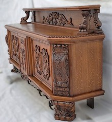 Magnificent 1900s French Quarter Sawn Oak Buffet – Medieval & Scholarly Carvings