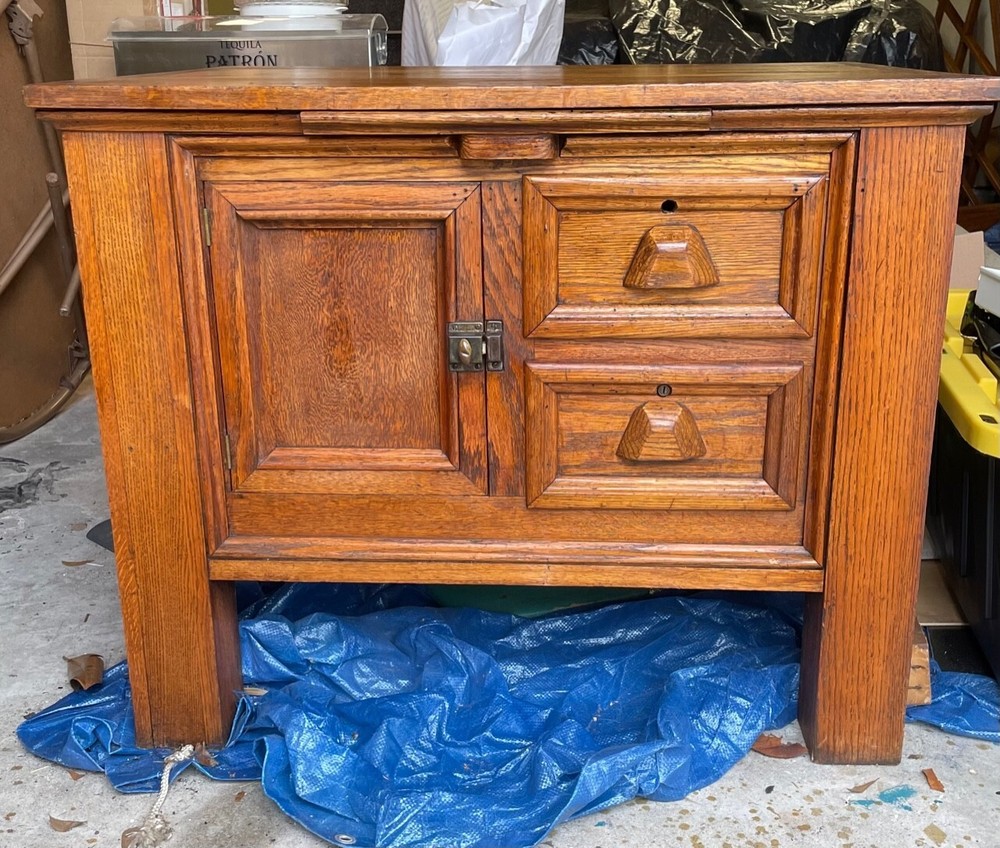 Antique solid oak kitchen island / cabinet; two drawers, & cutting board; $200
