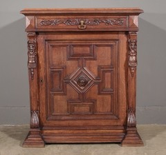 French Antique Renaissance Revival Solid Oak Wood Bar Cabinet with Carvings