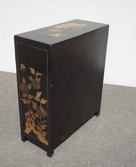 Vintage Oriental Asian Black & Red Hand Painted Lacquer Cabinet Side Table