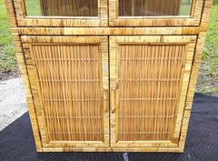 Vintage Unique Bohomain Wicker & Glass Display China Cabinet Etagere