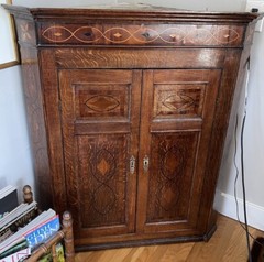Antique Oak Inlay Hanging Corner Cupboard