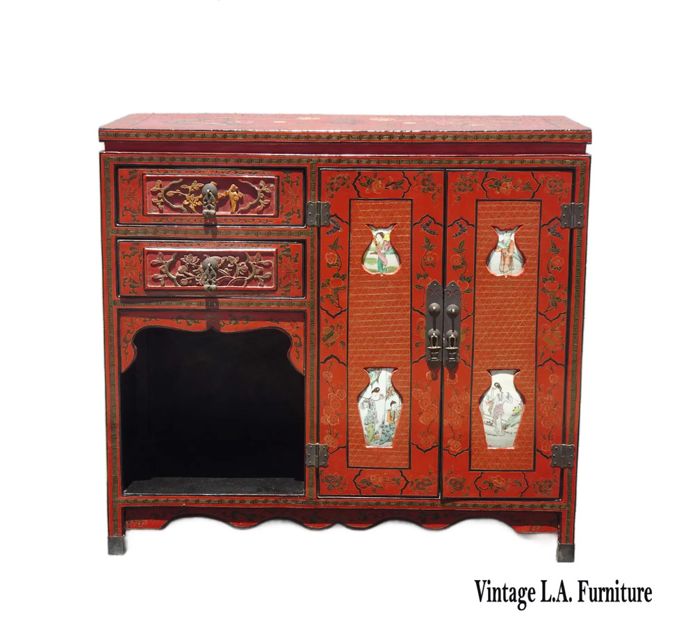 Vintage Chinese Asian Red Lacquer Storage Cabinet w Stone Decorative Inlay
