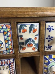 Mini Painted Cabinet Organizer – Wood And Ceramic Colorful – Missing Drawer – E