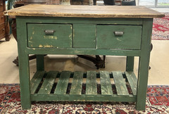 Antique British Rustic Green Painted Kitchen Island Butcher Block Table 53 x 26