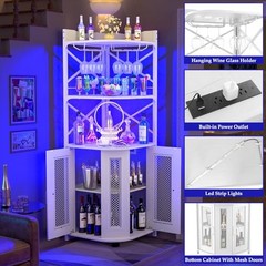 Corner Bar Cabinet with Power Outlet Industrial LED Strip Black
