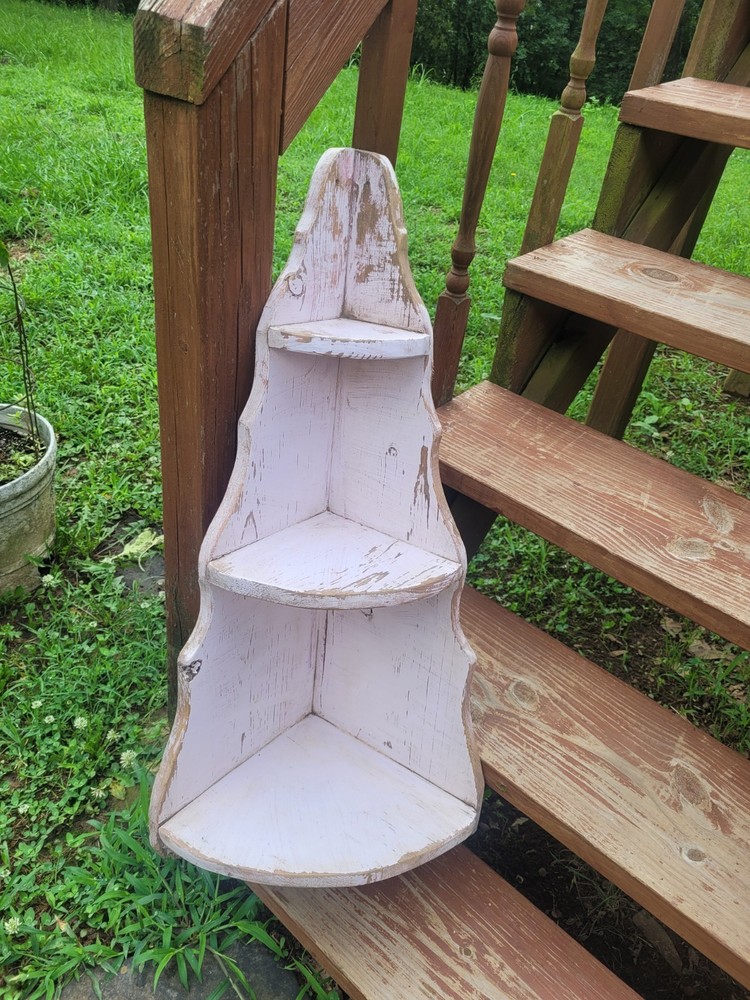 Vintage Antique Chippy Paint 3 Tier Carved Corner Shelf Cabinet