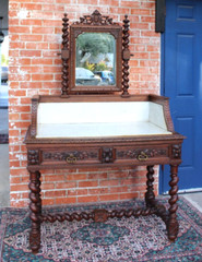 French Antique Louis XIII Oak Marble Top Dresser / Washstand/ Vanity