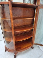 Victorian Oak Bowed Curved Glass China Cabinet with Leaded Glass & Claw Feet
