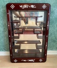 Vintage Chinese Rosewood Wall Curio Cabinet with Mother of Pearl Inlay, Mirror B