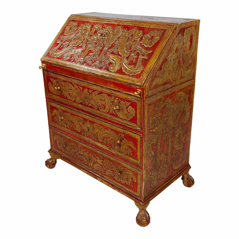 18th century Spanish Baroque Red & GIlt painted Slant front Desk