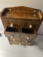 Antique Primitive Wood Apothecary Spice Cabinet Tabletop Or Hang Porcelain Knobs