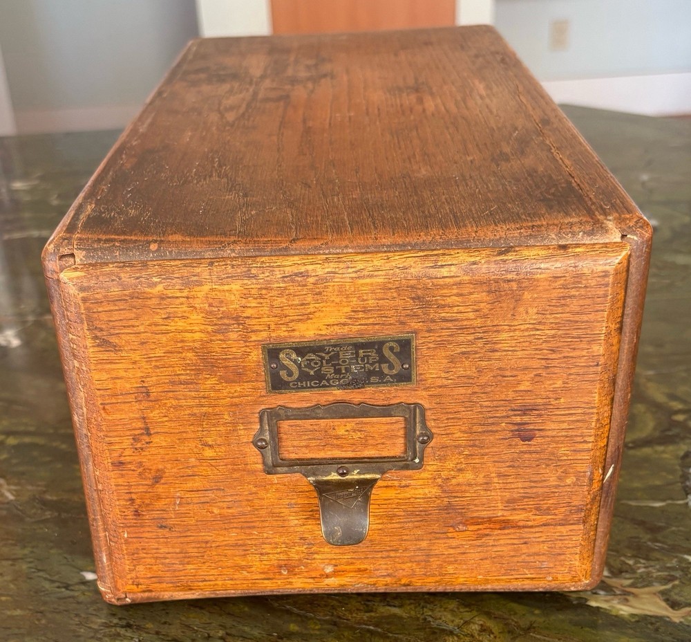 Vtg Antique Sayers Systems Single Oak Wood Drawer Index File Cabinet 15″x 8”x 6”