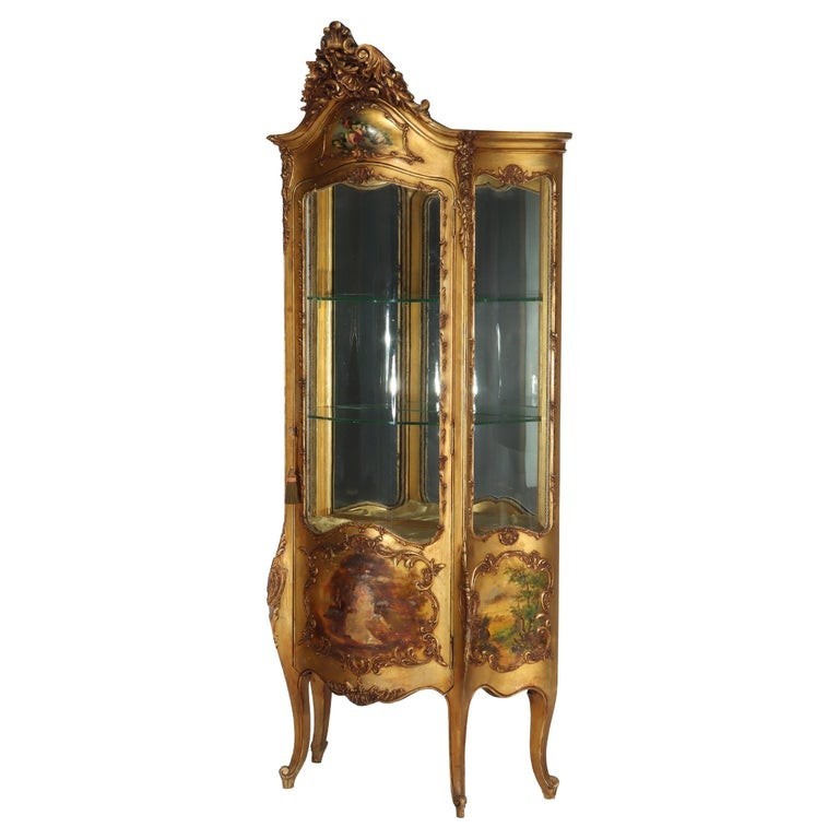 Giltwood Bombay Serpentine Vitrine With Verdis Martin Panels c1890