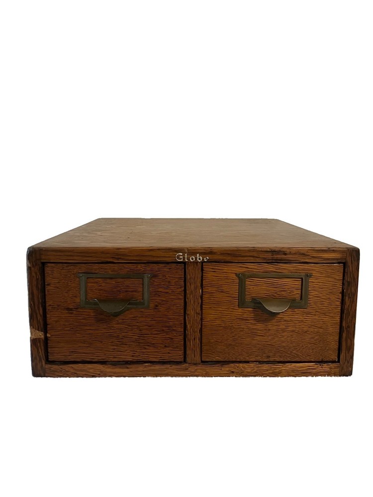 Antique Globe Oak 2 Drawer Library Card Catalog Index File Cabinet