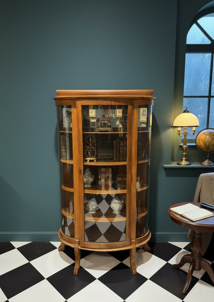 Antique Tiger Oak Bow-Front Curio Cabinet with Curved Glass and Key