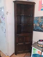 Antique Wood Corner Cabinet Dark Brown 3 Shelves Hinged Door Stained Finish