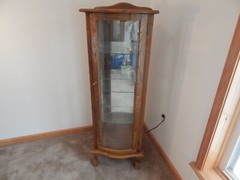 Vintage Curio Cabinet Wooden & Glass; Lighted, Mirrored, Glass Shelves, Lock Key