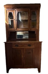 Antique Wood China Cabinet Glass Doors Mirror 4 Doors 2 Drawers 3 Shelves Brown