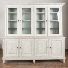 19th C. Large White Gustavian Style Bookcase Display Cabinet with Glass Doors