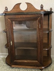 vtg Original curio Wood Walnut Color cabinet Door Inside Collectible Covered
