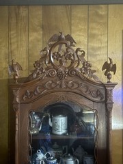 Antique Carved Wood Display Cabinet Glass Door Key Floral Bird Carvings