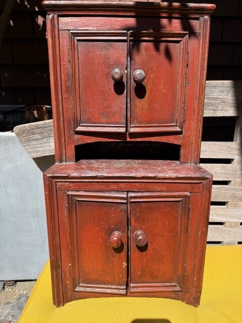 Mid 19th Century Old Red Paint Child’s Stepback Cupboard 24″ x 13″ x 9″