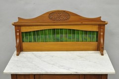 Antique English Arts & Crafts Birch Wood Green Tile Backsplash Washstand Server